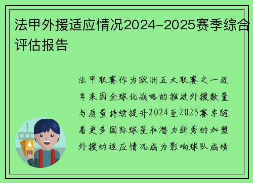 法甲外援适应情况2024-2025赛季综合评估报告